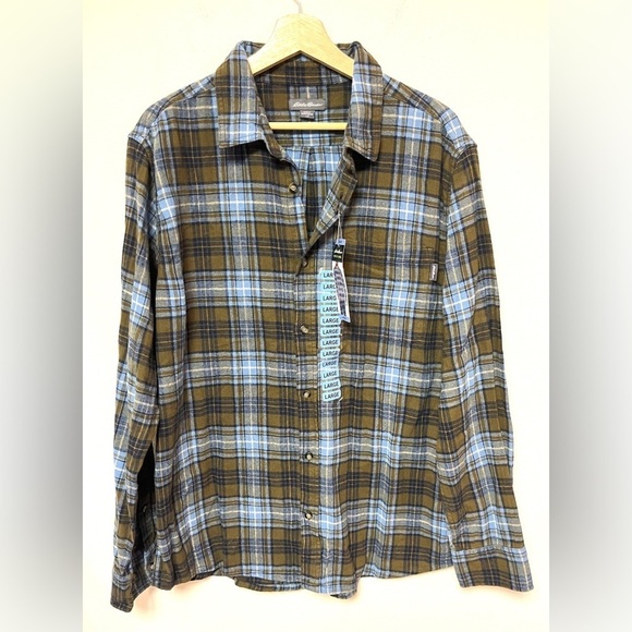 Eddie Bauer Blue and Brown Earth Tones Plaid Casual Button Down Flannel - Picture 1 of 5